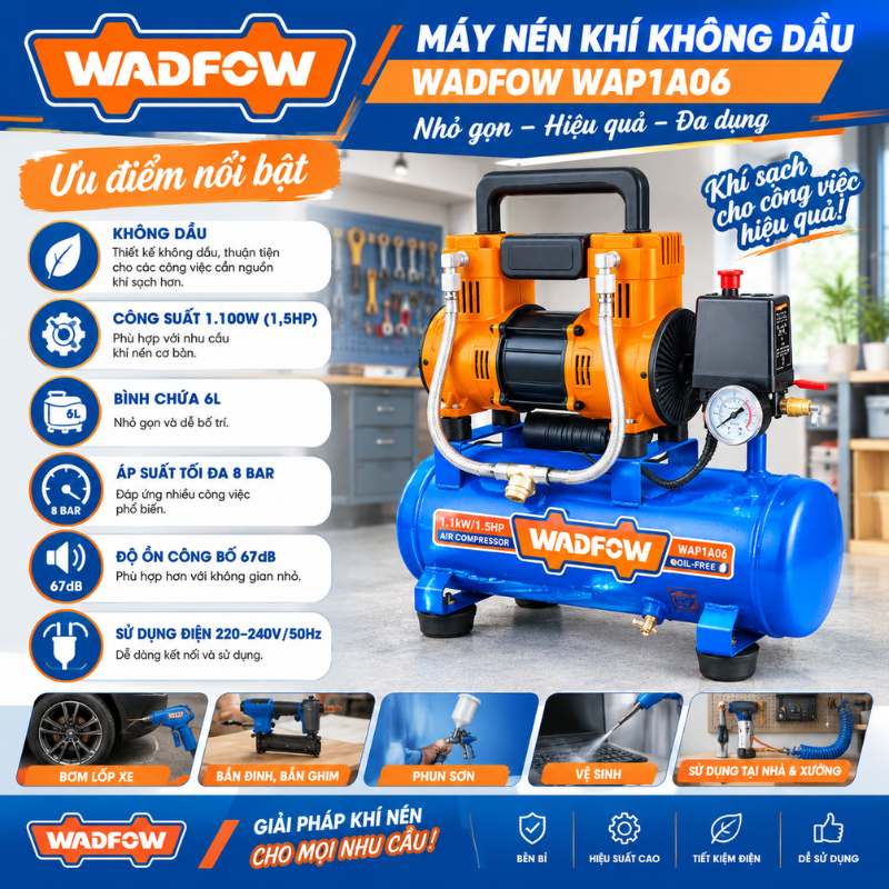 Máy nén khí không dầu Wadfow WAP1A06 sở hữu nhiều ưu điểm nổi bật