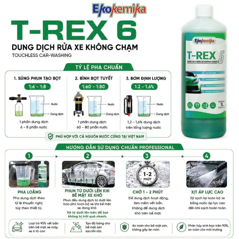 Hướng dẫn tỷ lệ pha và sử dụng dung dịch rửa xe không chạm Ekokemika T-Rex 6