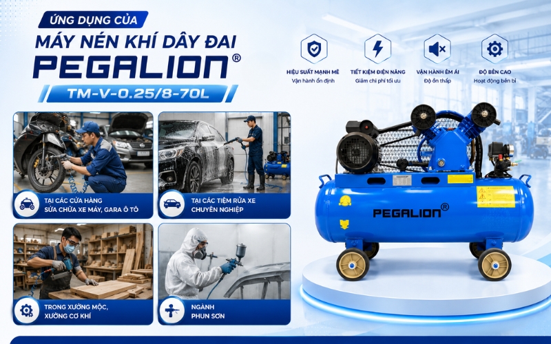 Ứng dụng nổi bật của máy nén khí khí Pegalion 3HP TM-V-0.25/8-70L