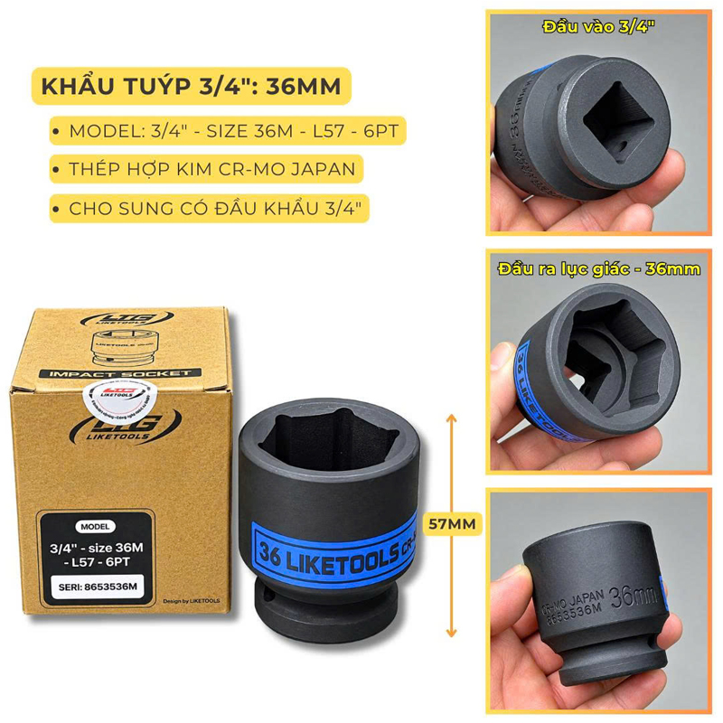 Đầu khẩu tuýp Kích thước 36 mm đáp ứng nhu cầu sửa chữa